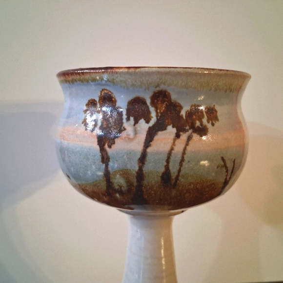 Signed Bonnie Staffel Pottery Chalice Goblet Wine Tropical Seascape Ocean Sunset - Picture 15 of 16